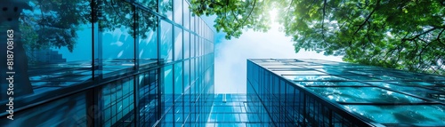 The impressive glass facade of a modern office building is surrounded by lush greenery.