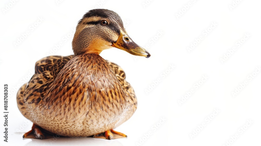 A beautiful brown duck is sitting on a white background. The duck is looking to the right of the frame. A beautiful brown duck is sitting on a white background. The duck is looking to the right of the frame.