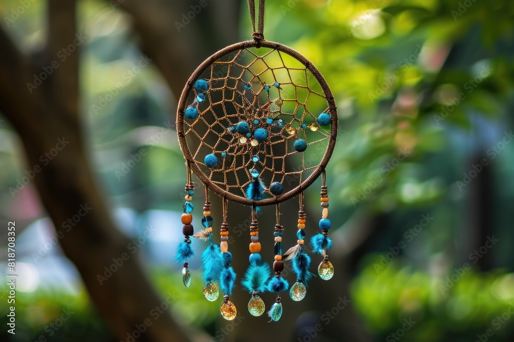 Blue dream catcher hanging from tree