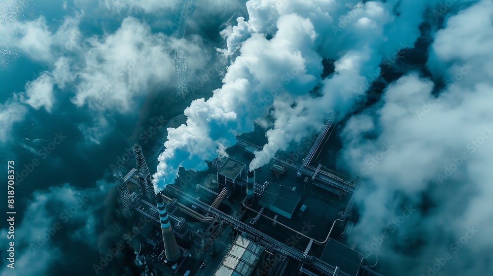 Fototapeta premium An aerial view of a factory with smoke coming out of its chimneys