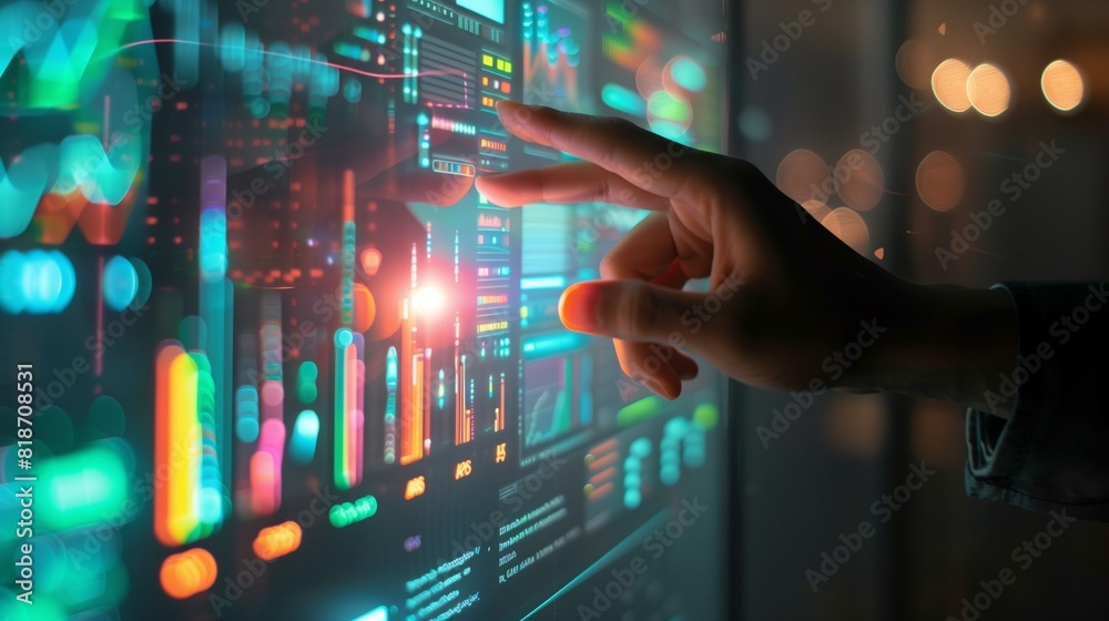 A person's hand touching a transparent digital interface displaying interactive data visualizations, illustrating the seamless integration of technology into everyday tasks.