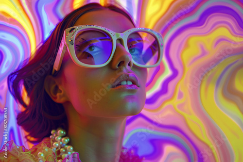 60s-70s woman wearing glasses on psychedelic background.