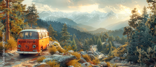 On the Road Again vintage camper van parked on a winding mountain road vacation.Generative AI photo