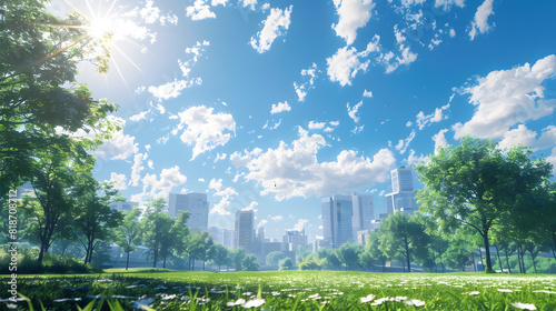 a city park with a sun shining through the trees.