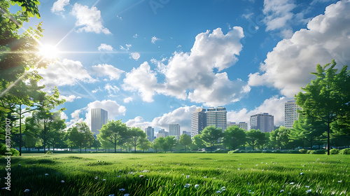 a city park with a sun shining through the trees.