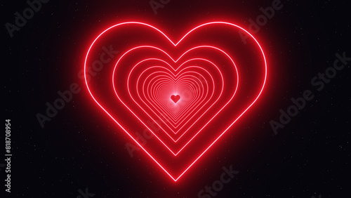 3d red neon glowing laser heart tunnel. Love romance Valentine s Day concept. Disco dance party music template.