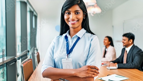 mujer india ejecutiva  en una reunion ,mirando a camara photo