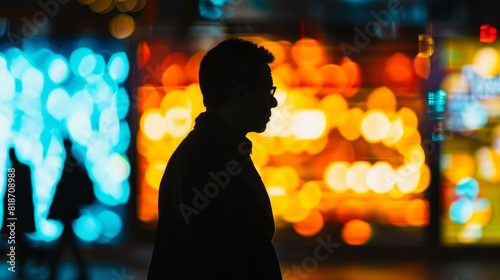 City commuter in silhouette, walking past illuminated billboards at night