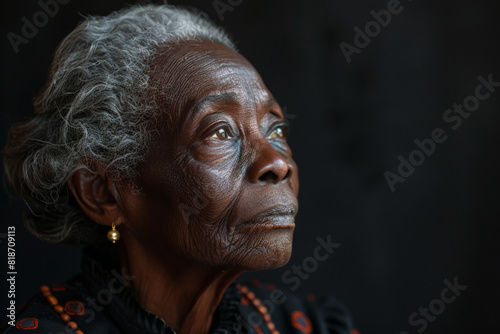 Elderly black woman, wrinkles on face, in traditional clothes against black backdrop with copy space