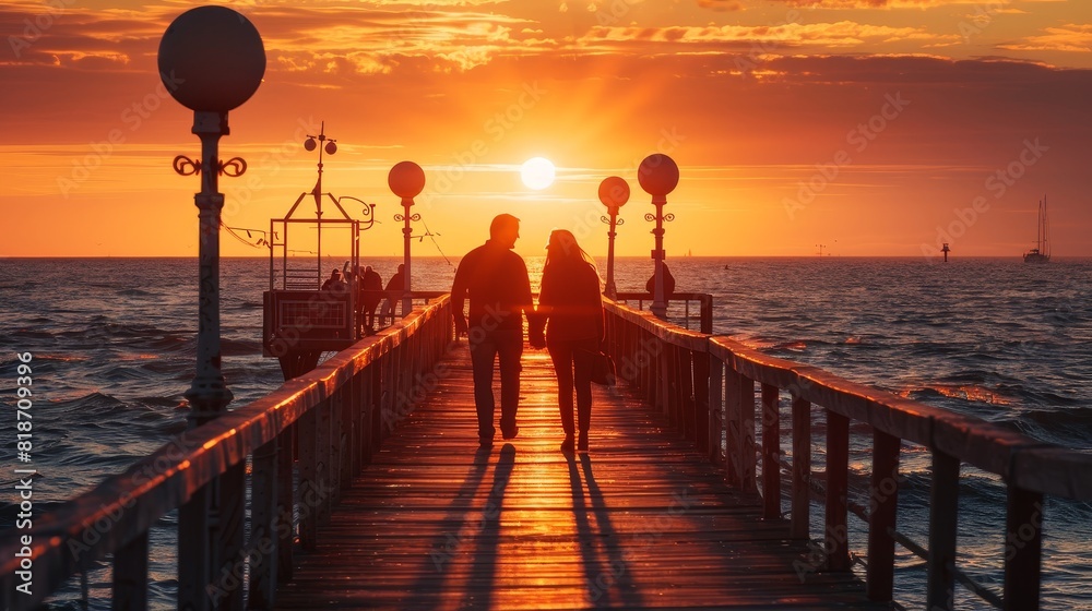 Couple in silhouette taking a romantic walk along a pier, sunset over the water