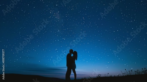 Couple in silhouette kissing under a starry sky, romantic mood