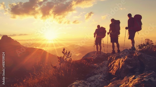 Hikers in silhouette overlooking a valley, inspirational sunset after a climb