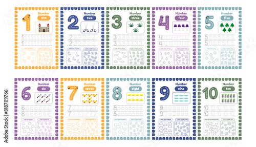 Activity worksheets for kids education with many exercises. Learning numbers from 1 to 10. Trace, color, dot to dot on one page