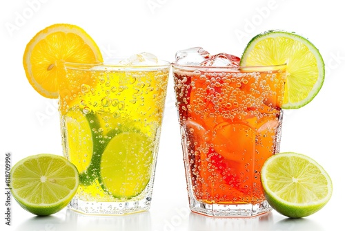 Refreshing Lemon and Lime Soda in a Glass isolated on white background