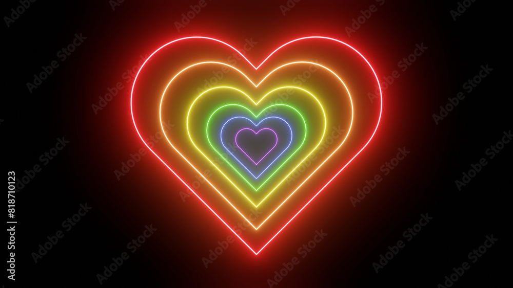 3d rainbow neon glowing neon laser heart. LGBT Pride Love is love Romance Valentines day love celebration background. Retro y2k futuristic grid object in space sky cosmos. 