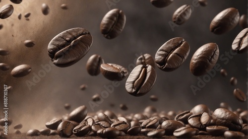 Flying or falling hot roasted caffeine coffee beans in the air isolated on a dark brown background. Arabian or aroma beans for hot drink for cafe advertising, package design. photo