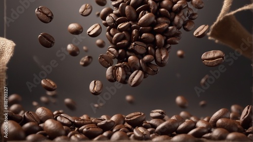 Flying or falling hot roasted caffeine coffee beans in the air isolated on a dark brown background. Arabian or aroma beans for hot drink for cafe advertising, package design. photo