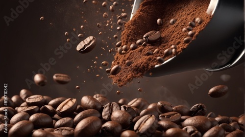 Flying or falling roasted brown caffeine coffee beans & coffee powder in the air isolated in a dark background. Arabian or aroma beans for hot drink for cafe advertising, package design. 