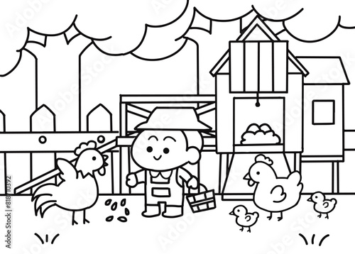 Little kid feeding chicken.
