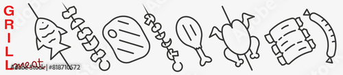 Grilled meat. Everything for the grill thin line icons. Grill vector icons. Barbecue grill.