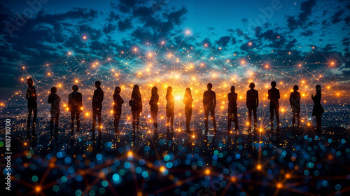 Silhouettes of People Connected by Glowing Lines Over a Cityscape at Dusk, Symbolizing Network, Communication, and Social Connectivity