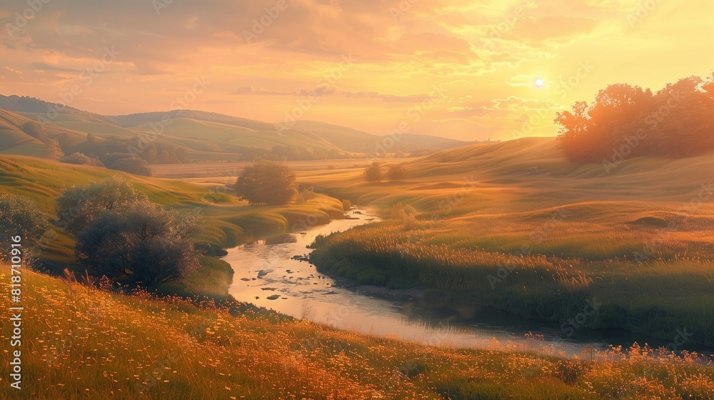 A serene countryside scene with rolling hills and a winding river, bathed in the warm glow of sunset.