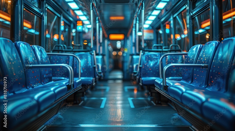 Fototapeta premium Bus inside, city transportation white interior with blue seats in row