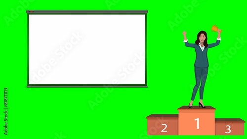 A Cartoon of a Black Business Woman Leader in an Office on a Podium with a Green Background and Customizable Whiteboard, Symbolizing Business Success and Equal Opportunity