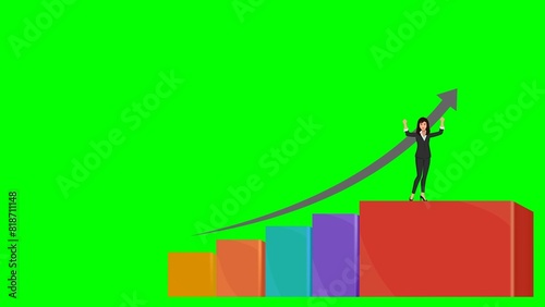 A Cartoon or illustration of a Business Woman Leader, Entrepreneur, or a Sales Executive Climbing up a Graph to Indicate Growth, Career Development, & Business Growth Concept with Green Screen