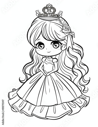 Coloring book page designed for children, featuring a pretty princess girl in chibi style, standing in a grand palace hall. She's wearing a tiara and a flowing gown, holding the edges of her dress 
