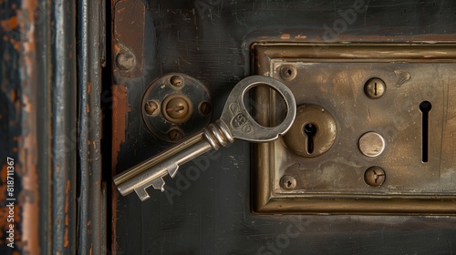 A shiny silver key inserted into a vintage brass lock, symbolizing access and security in a classic setting. © Atif