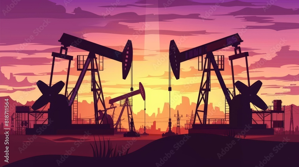 Silhouettes of oil pumps at sunset symbolizing the global energy crisis.