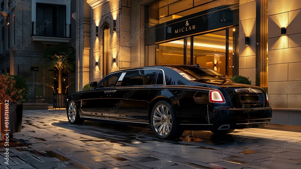 A sleek black limousine parked outside a luxury hotel, symbolizing elegance and sophistication in private chauffeured transport.