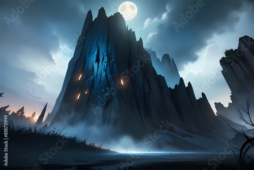 ホラーゲーム背景闇夜の黒遺跡城廃墟シルエット photo