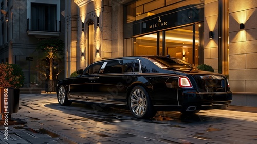 A sleek black limousine parked outside a luxury hotel, symbolizing elegance and sophistication in private chauffeured transport. © Atif