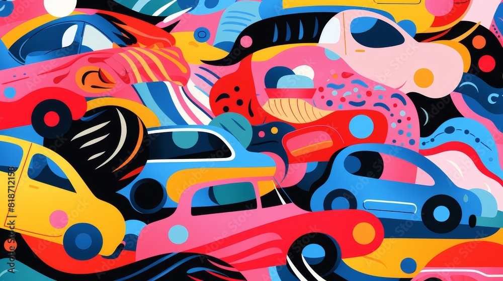 Colorful pattern of whimsical cars and abstract shapes 