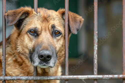 A white-red dog in a shelter for homeless animals stands behind the fence of the aviary and looks out. Animal in a cage. Bottom view.. Beautiful simple AI generated image in 4K, unique.
