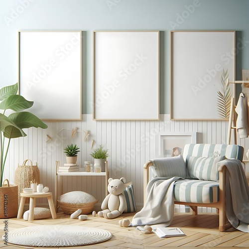 A Room with a mockup poster empty white and with a couch and a chair realistic card design image card design meaning.