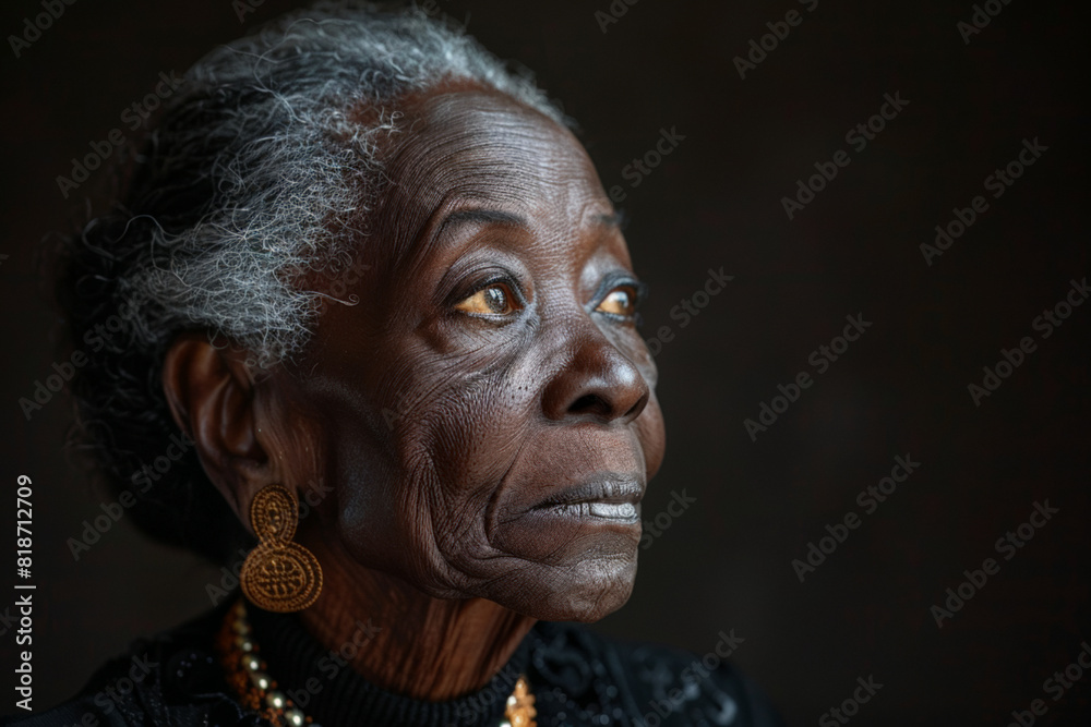 Older black gorgeous woman with necklace and earrings against minimalist backdrop with copy space Older black gorgeous woman with necklace and earrings against minimalist backdrop with copy space