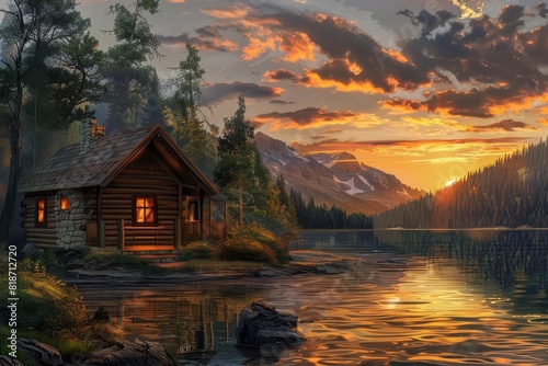 cabin rustic mountain retreat tranquil serene lake sunset nature landscape peaceful getaway scenic digital painting atmospheric cozy relaxing vacation 