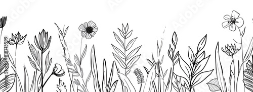 White Background with Wild Grass Line Drawing, Minimalist Nature Line Art Illustration

