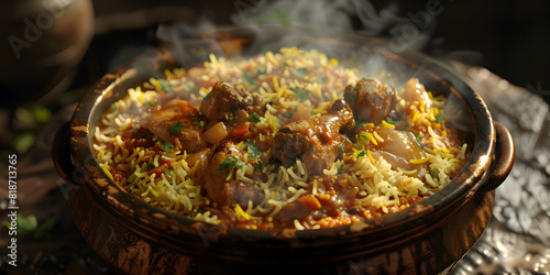 Mutton Biryani Fragrant rice cooked with tender mutton spices and herbs Delicious, Flavorful Indian Biryani Aromatic Basmati Rice with Chicken and Spices Traditional Dish for Delic
