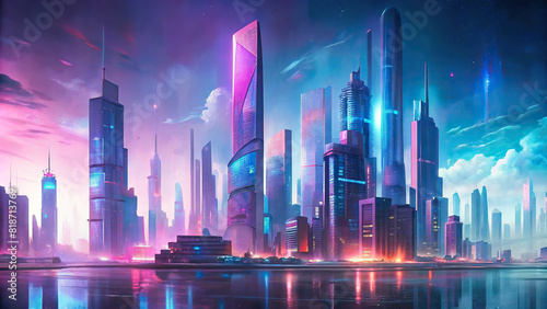 A futuristic cityscape with neon lights reflecting off sleek  glass buildings  conveying the essence of cyber technology and urban sophistication