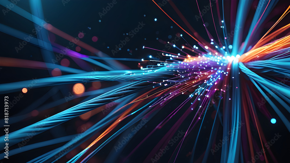 Naklejka premium 3D Illustration of Optical Fiber Cable with Vibrant Colors on Technology Background