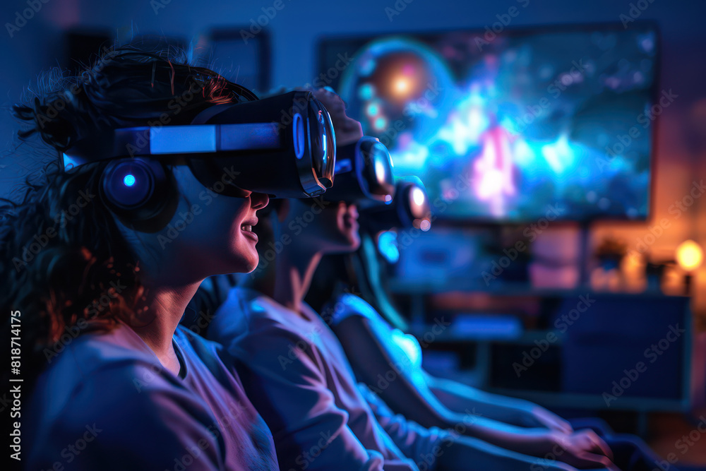 A family using a multi-dimensional entertainment system in their living room, experiencing a movie as a virtual reality adventure. Futuristic and High Tech Concept. Generative AI