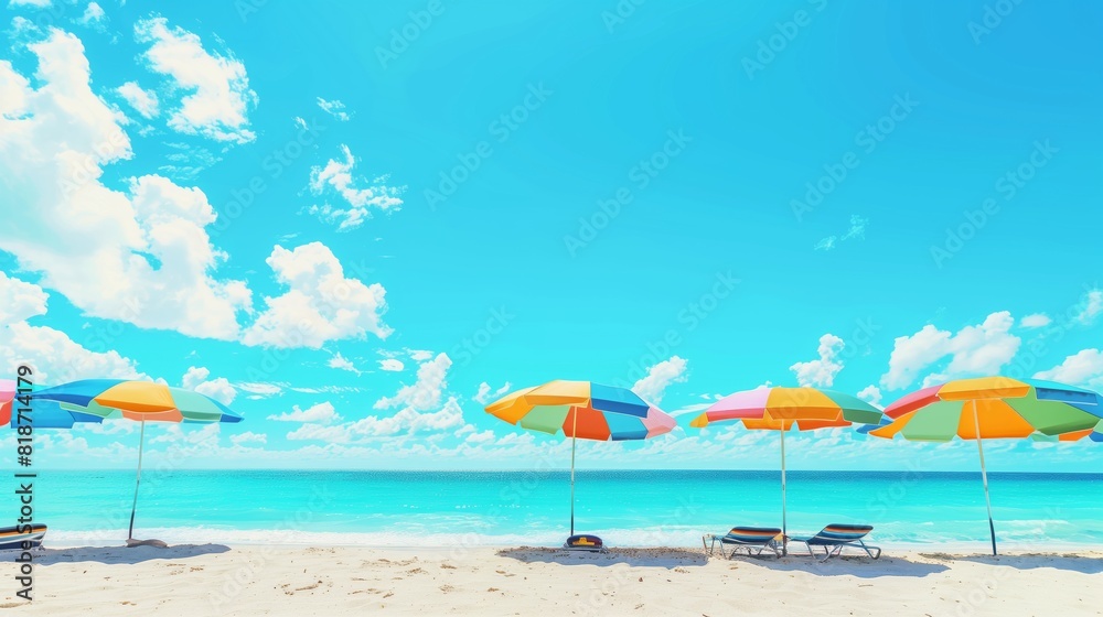 Sunny Beach Day: A wide shot captures the summer vibe with colorful umbrellas and clear blue ocean. Sunny Beach Day: A wide shot captures the summer vibe with colorful umbrellas and clear blue ocean.
