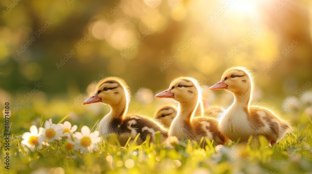 Cute ducklings in the morning on green grass