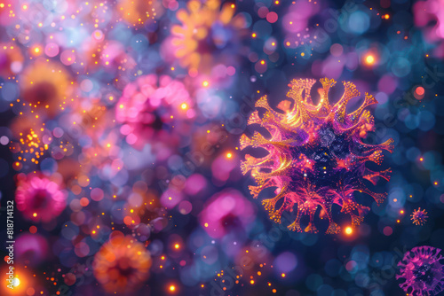 Ultra-magnified vibrant virus particles under a microscope  blending scientific accuracy  realistic and detailed  suitable for medical textbooks  educational use. Generative AI