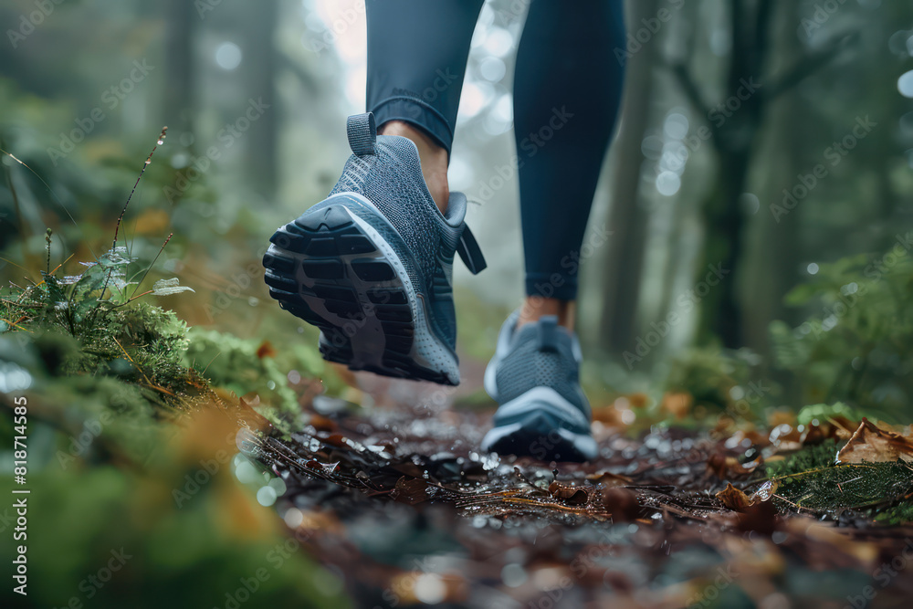 Fitness lifestyle, close-up of running shoes on a forest trail, action shot capturing movement and determination, natural surroundings. The natural landscape is filled with forest. Generative AI