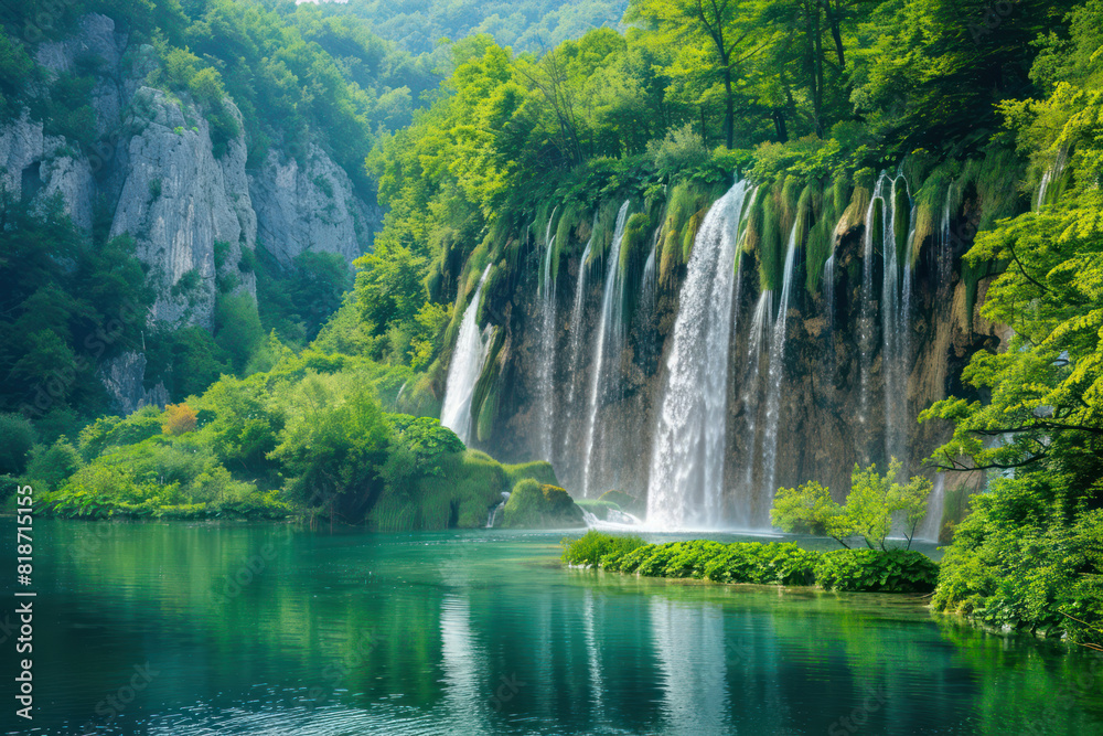 Fototapeta premium Exotic waterfall and lake landscape lush greenery, natural beauty and tranquility of lakes National Park. showcasing the beauty of nature for Ads, banner, magazine. Generative AI